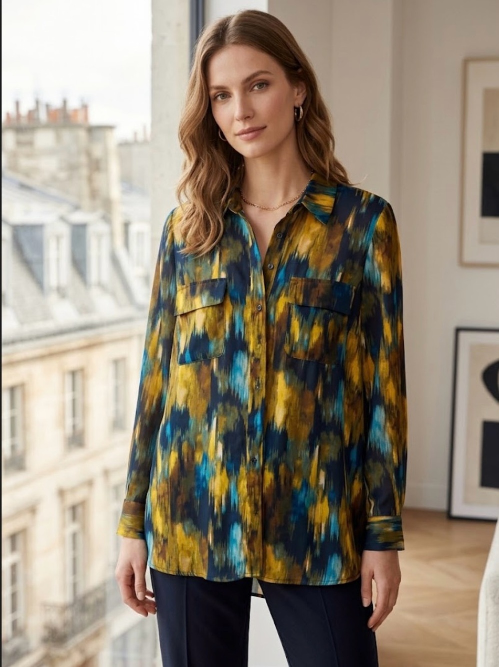 Abstract Brushstroke Button-Front Shirt in Mustard & Teal
